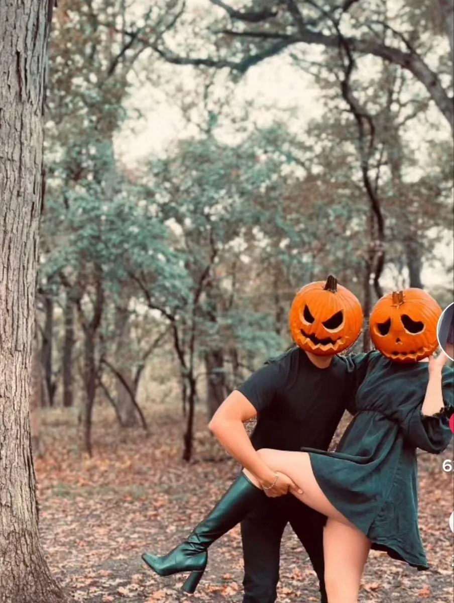 Couple Spooky Pumpkin Head Photoshoot in Autumn Forest