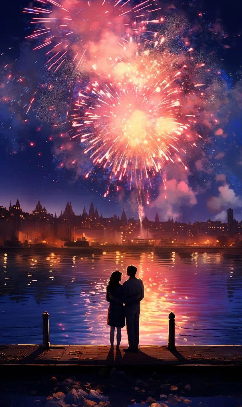 Couple watching romantic fireworks by the lake Wallpaper