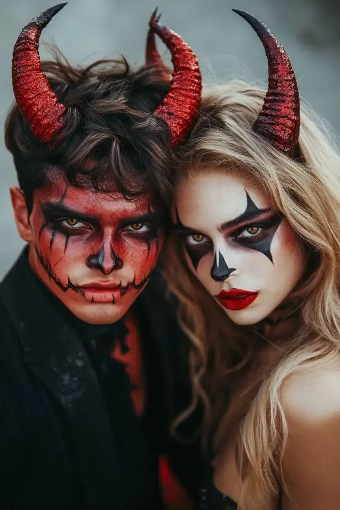 Couple Wearing Demon and Skeleton Makeup for Halloween Party