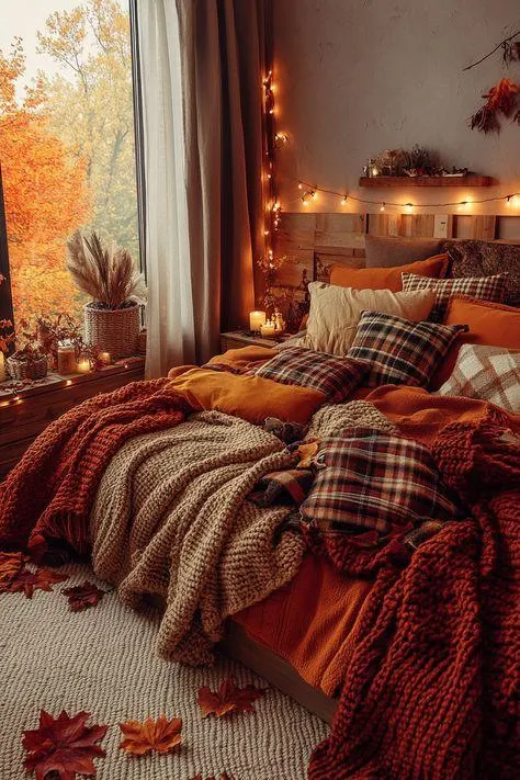 Cozy Autumn Bedroom with Pumpkin Accents Wallpaper HD