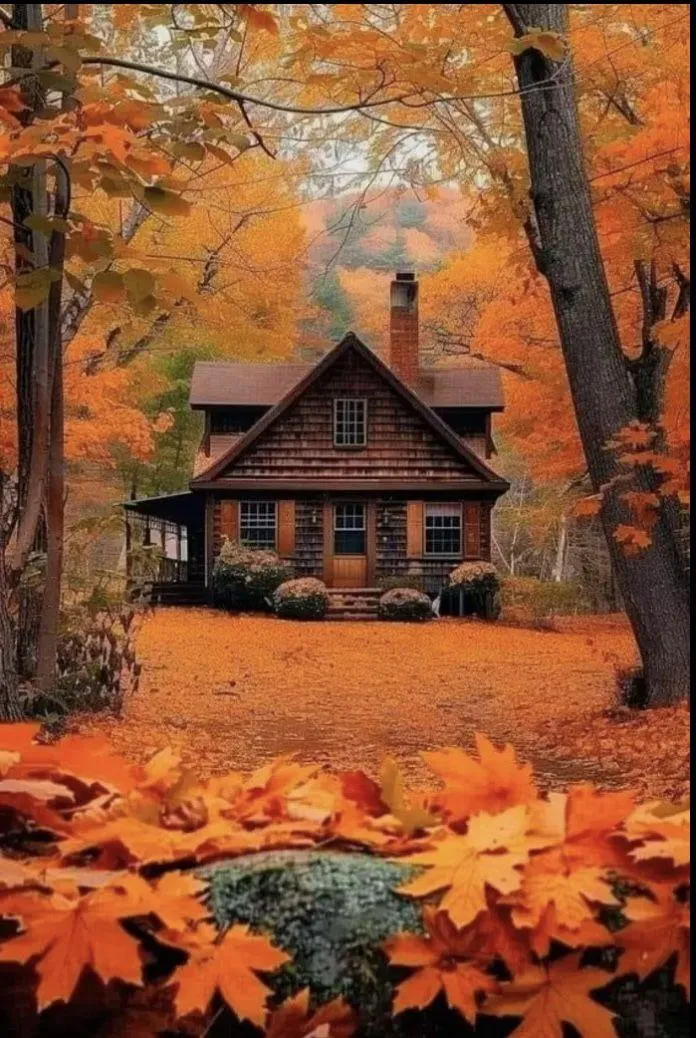Cozy Autumn Cabin Surrounded By Fall Leaves and Pumpkins