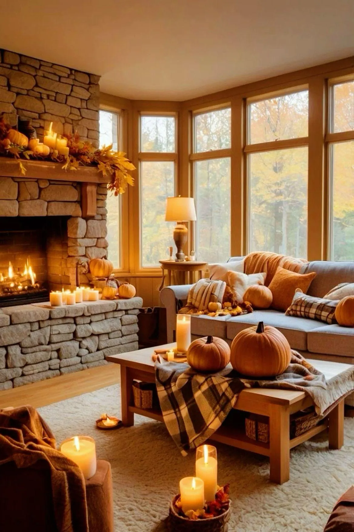 Cozy Autumn Living Room with Pumpkin and Fireplace Decor