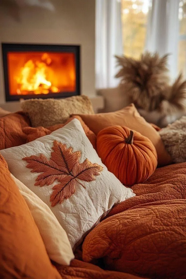 Cozy Autumn Living Room with Pumpkin Decor and Fireplace