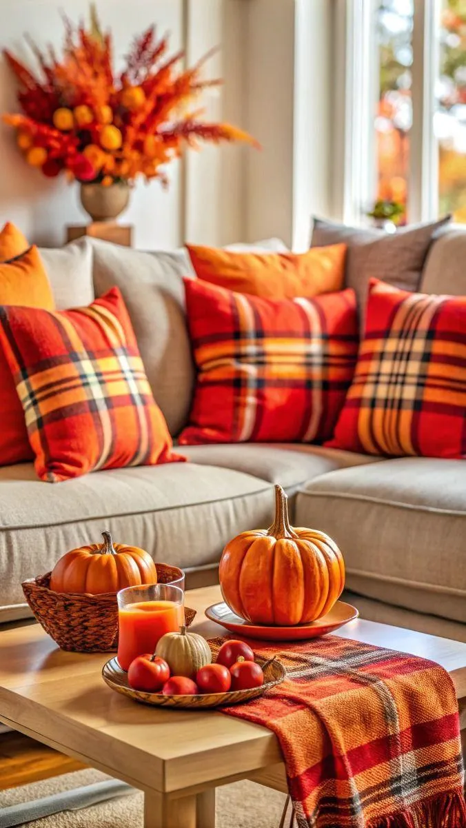 Cozy Autumn Living Room with Pumpkin Table Decorations