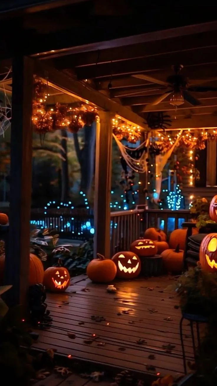 Cozy Autumn Porch with Pumpkins and String Lights Wallpaper