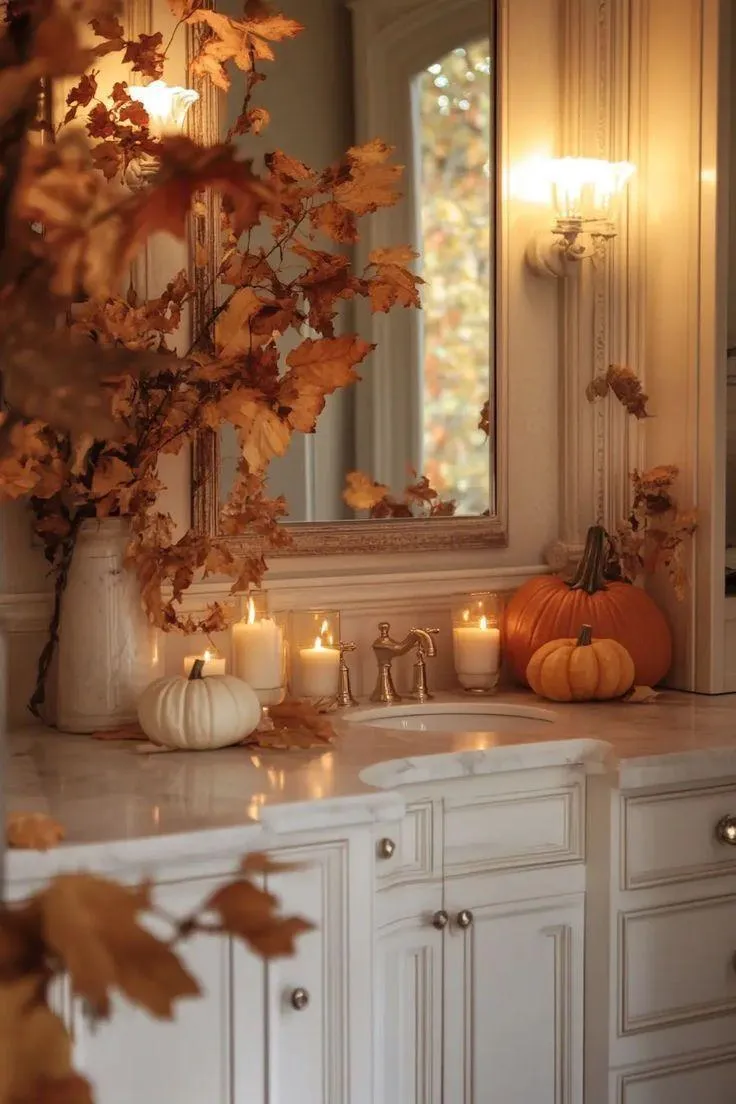 Cozy Bathroom Decorated with Pumpkins and Autumn Leaves