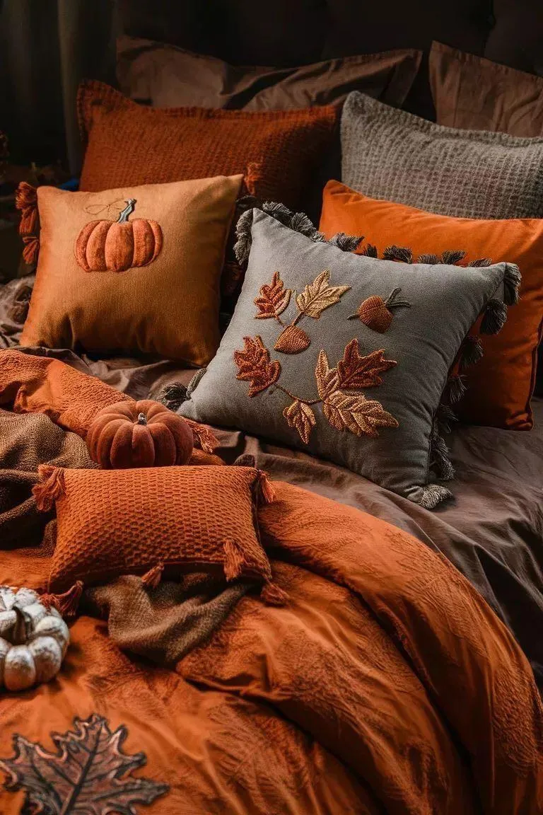 Cozy Bed Setup with Orange Sheets and Fall Pillows