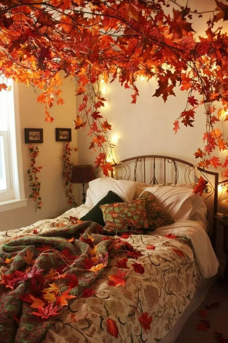 Cozy Bedroom with Leaf Garland and Autumn Vibes Wallpaper