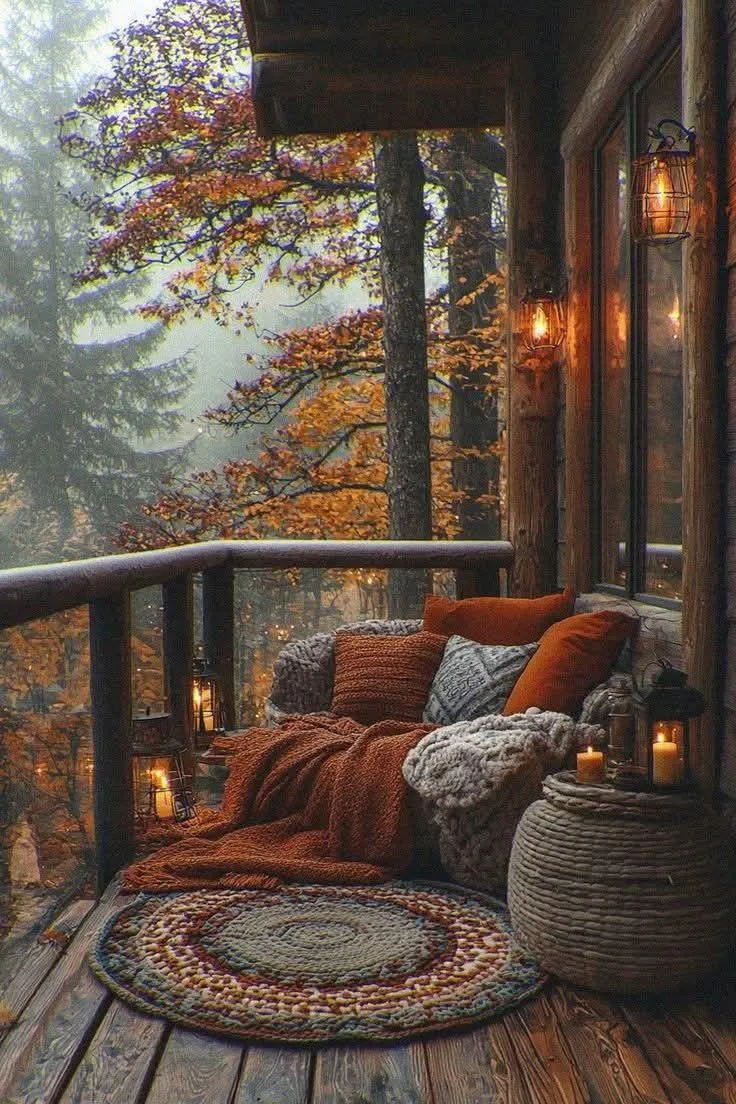 Cozy Cabin Porch with Rocking Chair and Autumn View