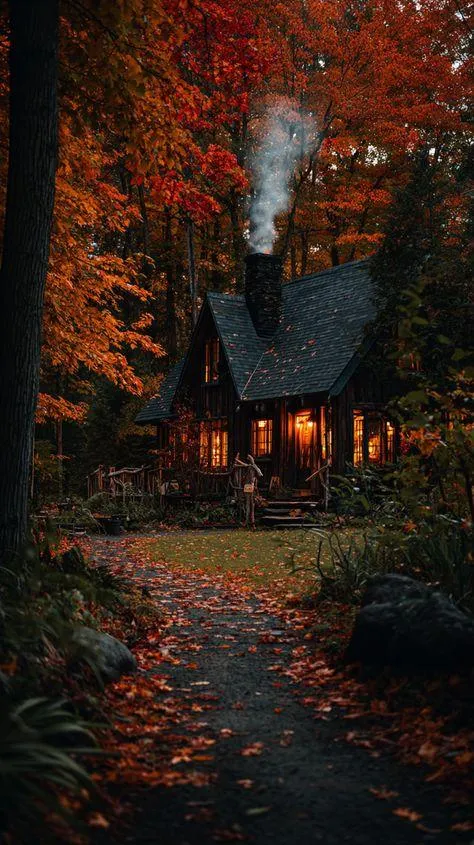 Cozy Cottage Pathway Surrounded By Autumn Foliage Wallpaper