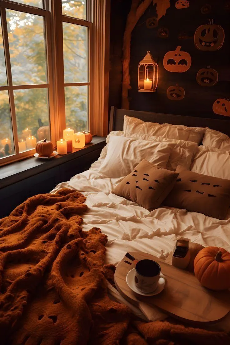 Cozy Fall Bedroom with Pumpkin and Halloween Decorations