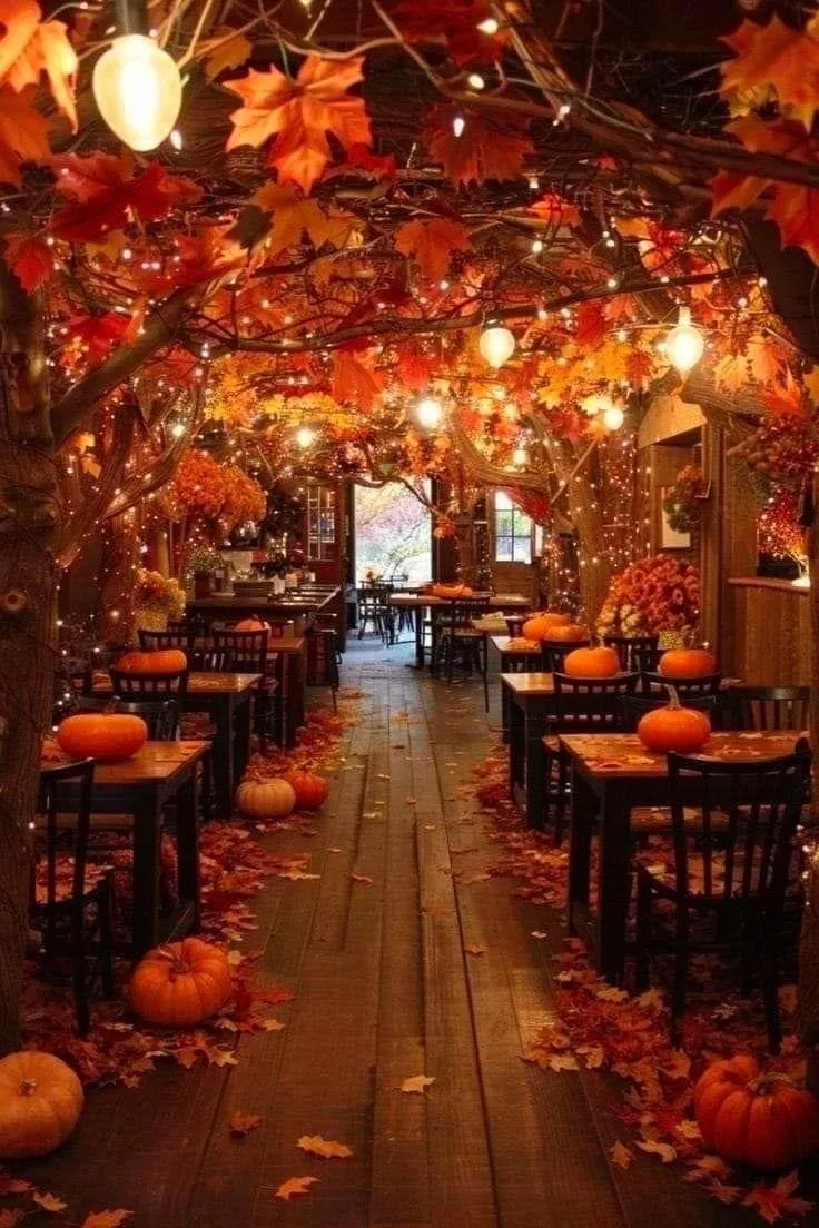 Cozy Fall Cafe with Warm Lighting and Seasonal Decoration