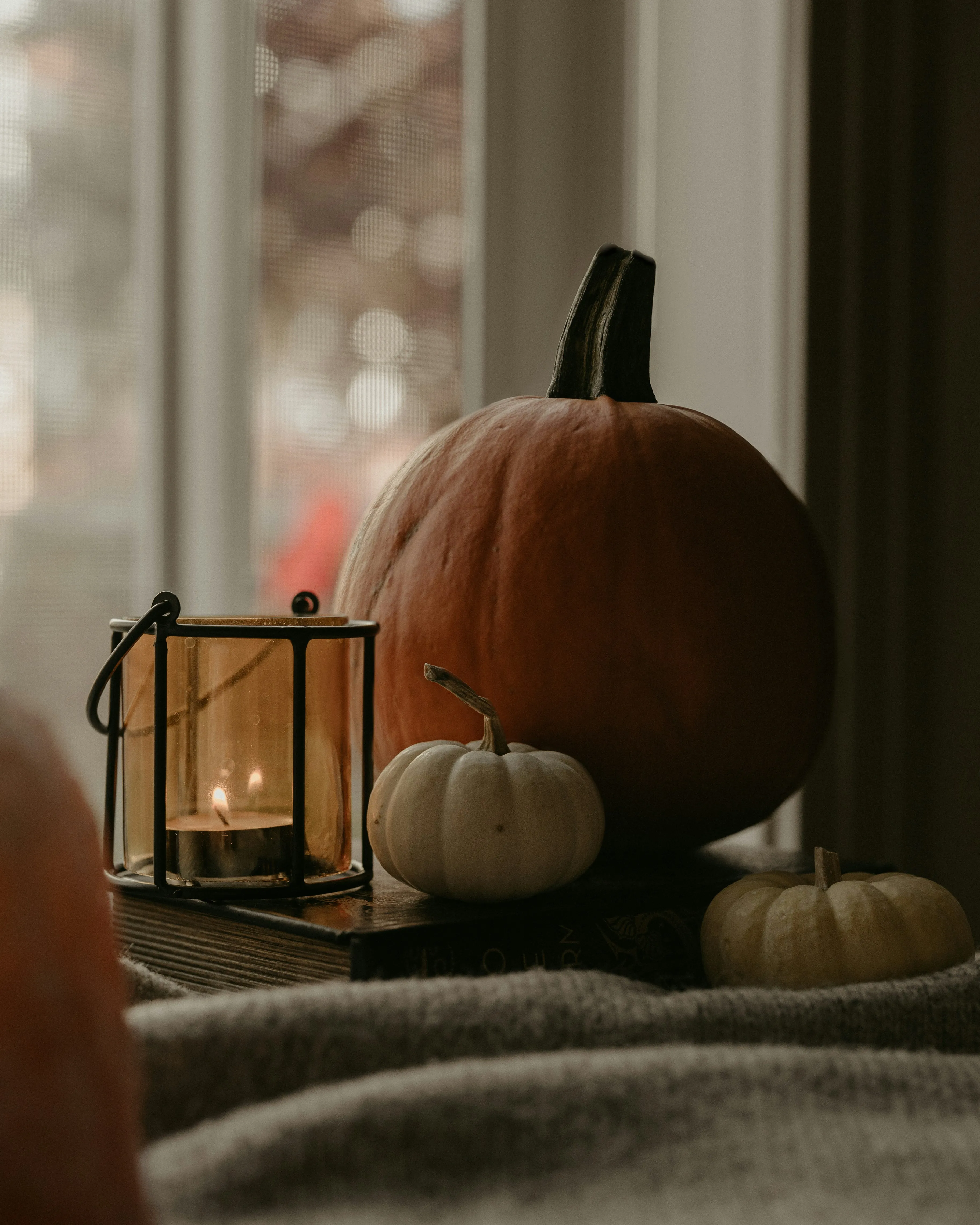 Cozy Fall Decor with Pumpkin and Lantern Indoors Image