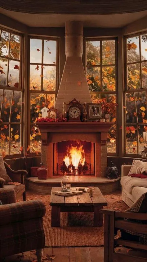 Cozy Fall Fireplace Room with Warm Pumpkin Decoration