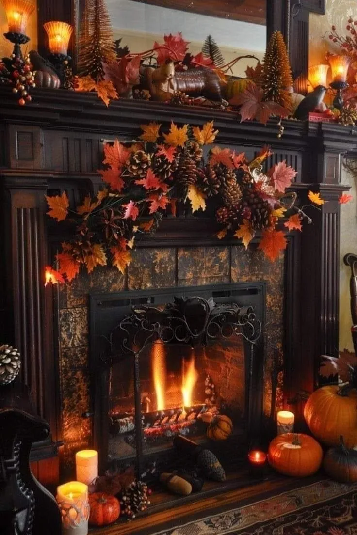 Cozy Fireplace Decor with Autumn Leaves and Pumpkins Image