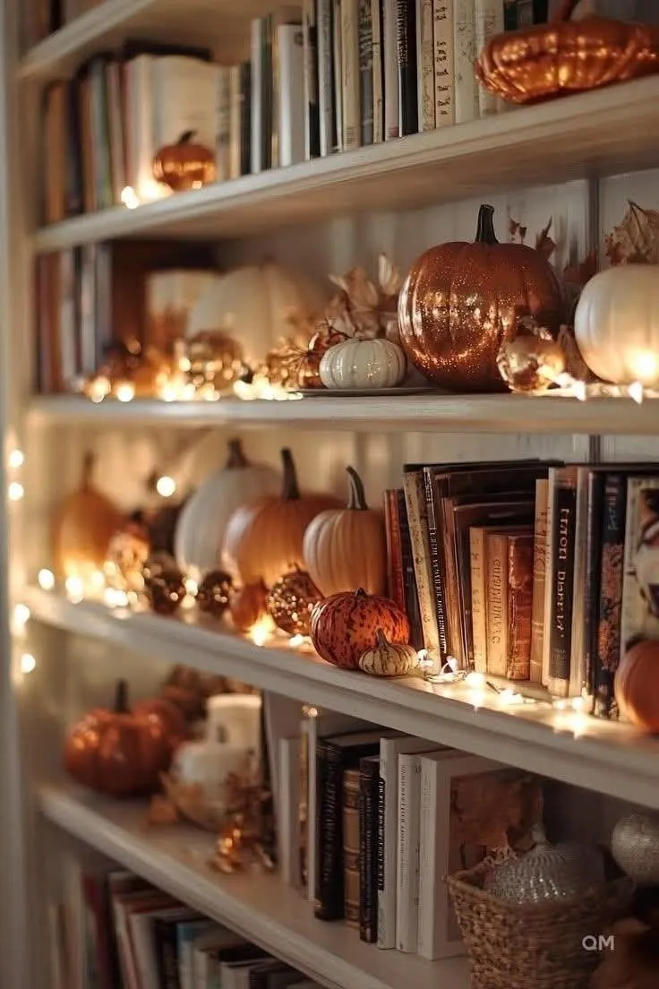 Cozy Halloween Home Decor with Pumpkin Shelf Display Image