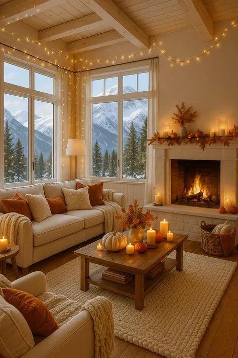 Cozy Living Room with Fireplace and Fall Decoration HD Image