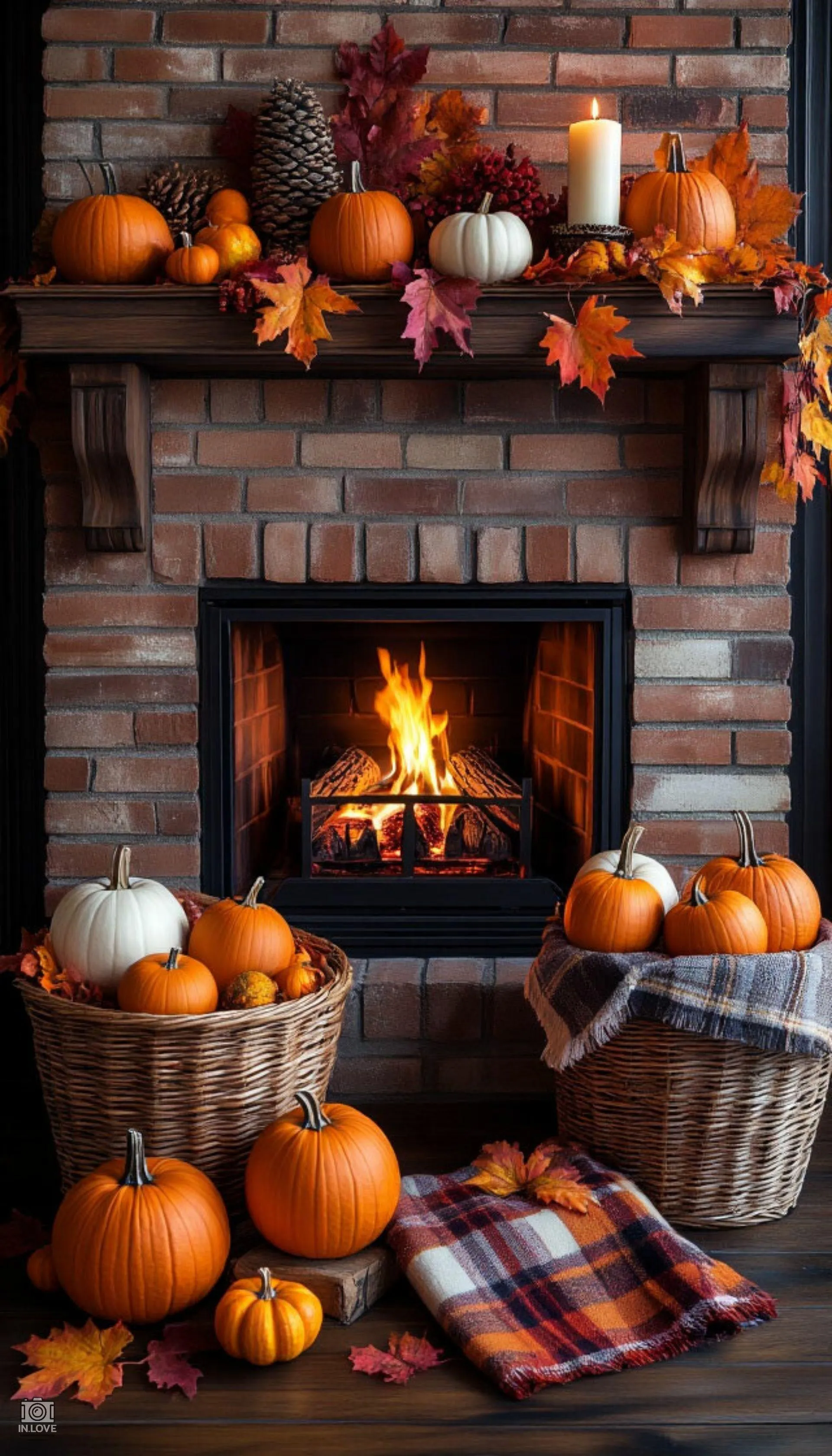 Cozy Living Room with Fireplace and Halloween Pumpkin Decor