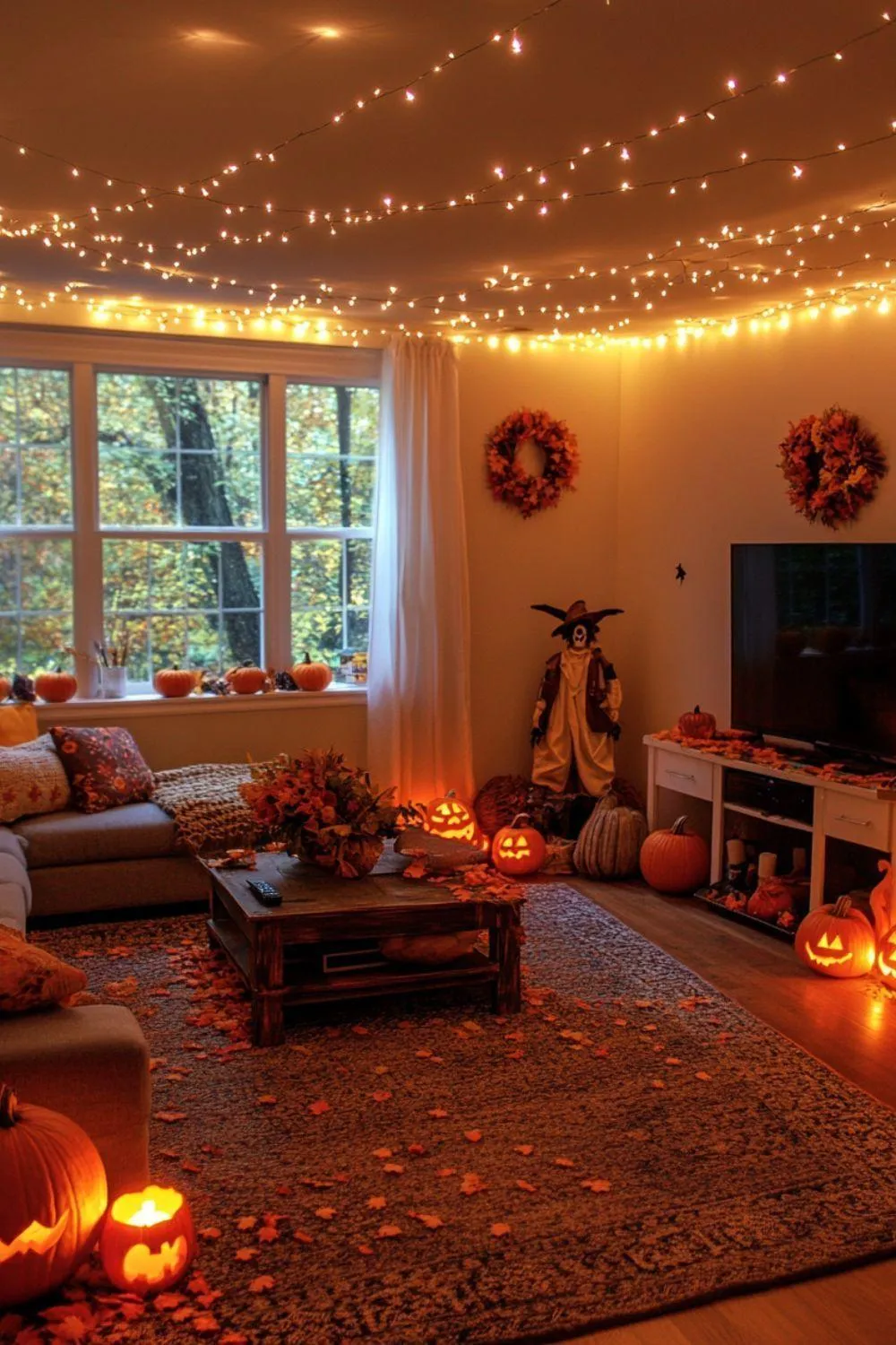 Cozy Living Room with Halloween Lights and Decoration