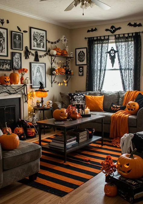 Cozy Living Room with Halloween Pumpkin DecorationHD