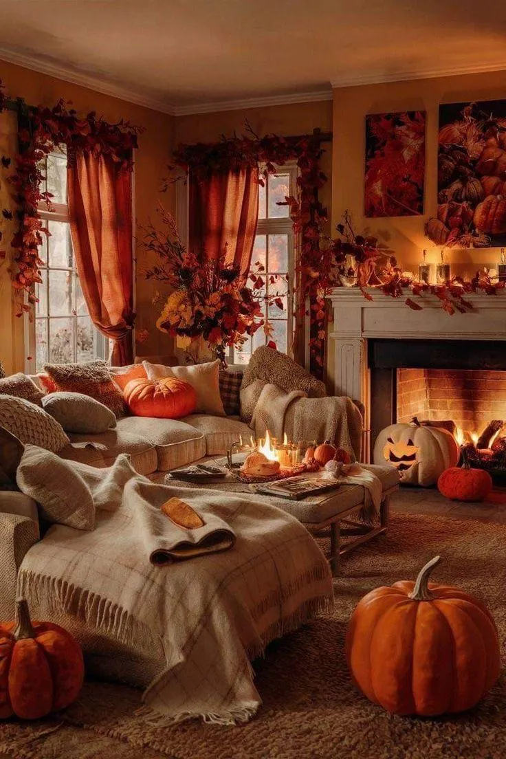 Cozy Living Room with Pumpkin and Fall Decoration HD