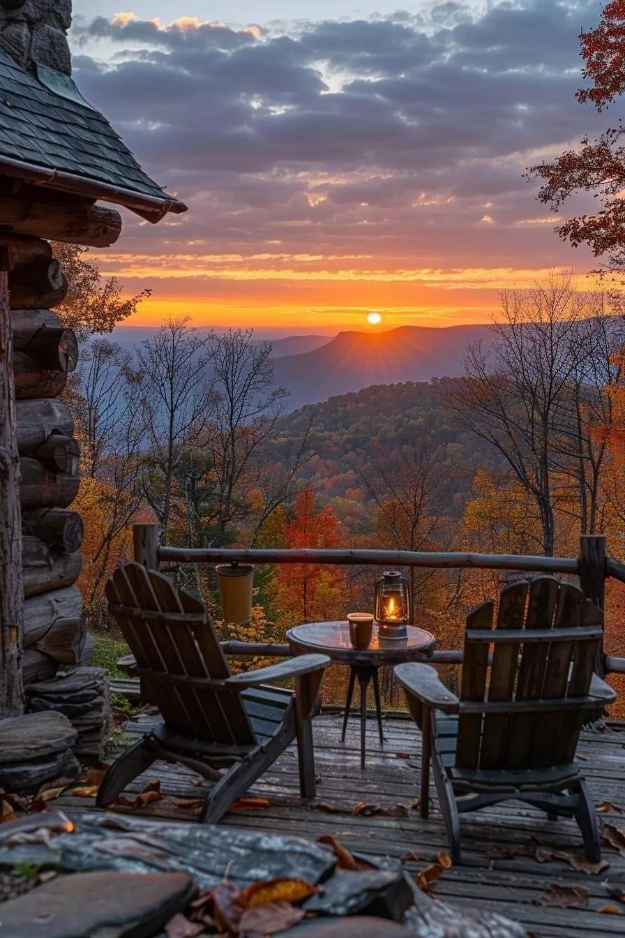 Cozy Mountain Deck View with Pumpkins and Sunset Wallpaper