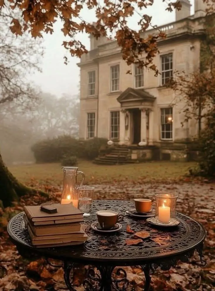 Cozy Outdoor Table Setup with Autumn Candles and Pumpkin