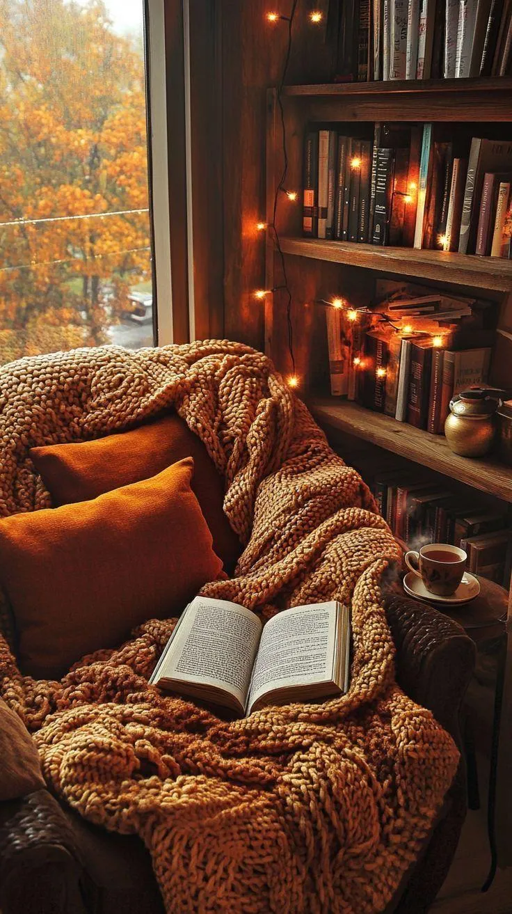 Cozy Reading Nook with Fireplace and Fall Throw Blanket