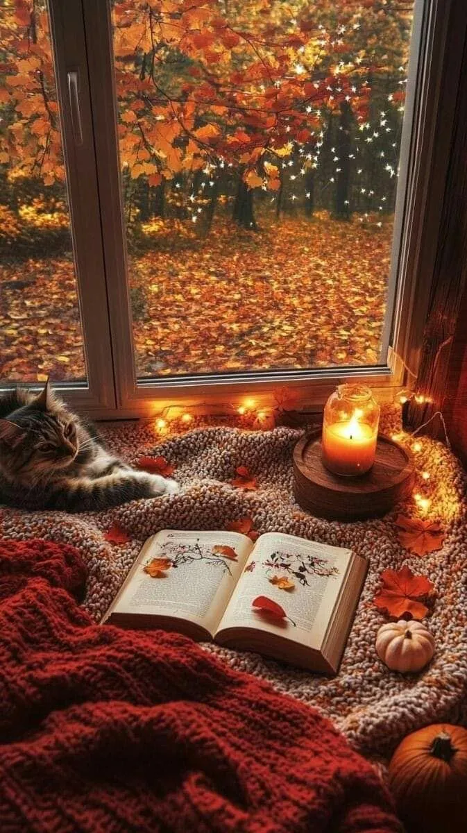 Cozy Reading Nook with Pumpkin and Candle Glow Wallpaper