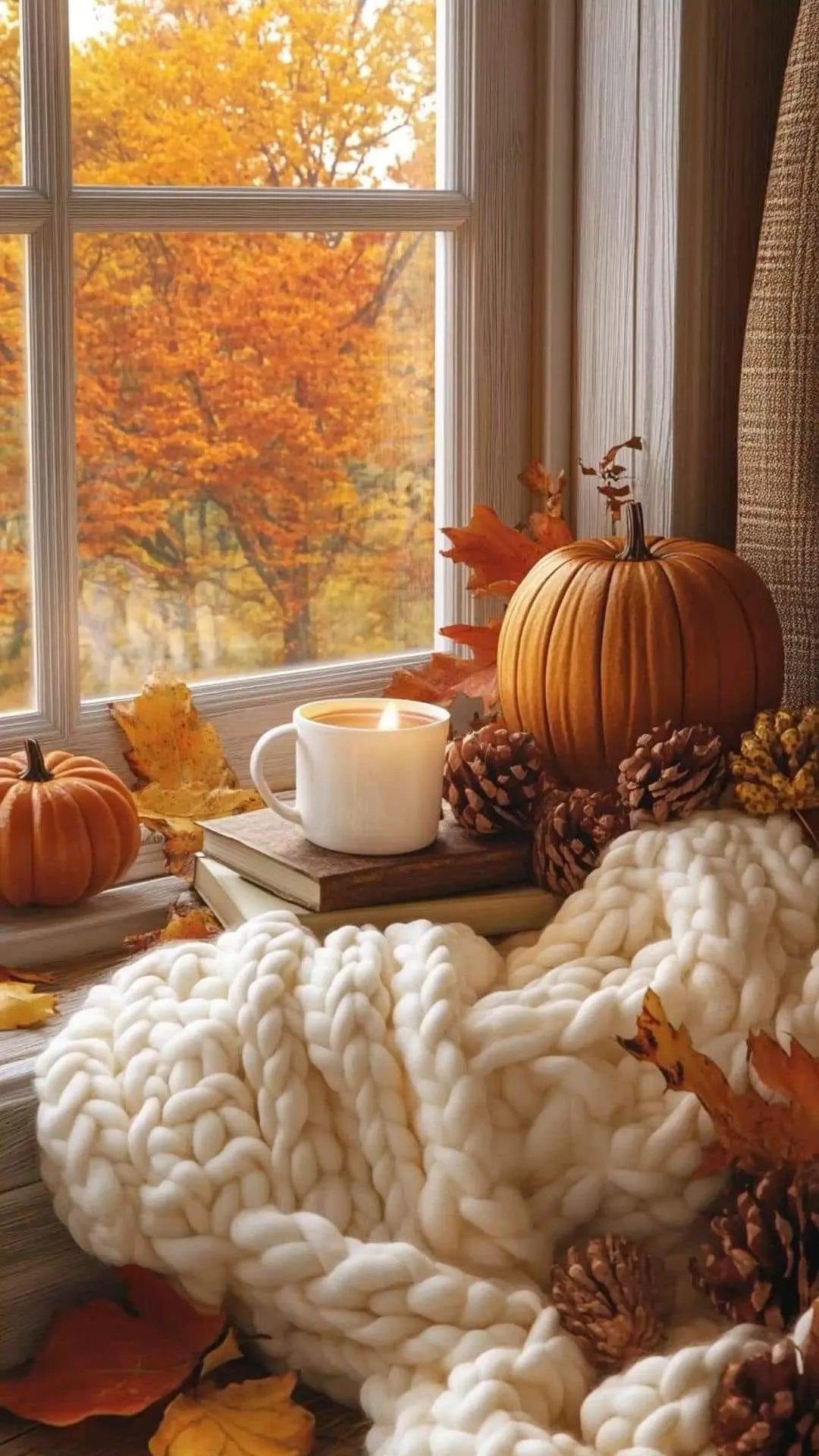 Cozy Window Nook with Pumpkin Tea and Warm Blankets