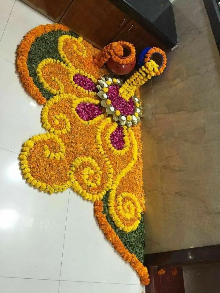 Creative Flower kolam with Pots for festival decoration
