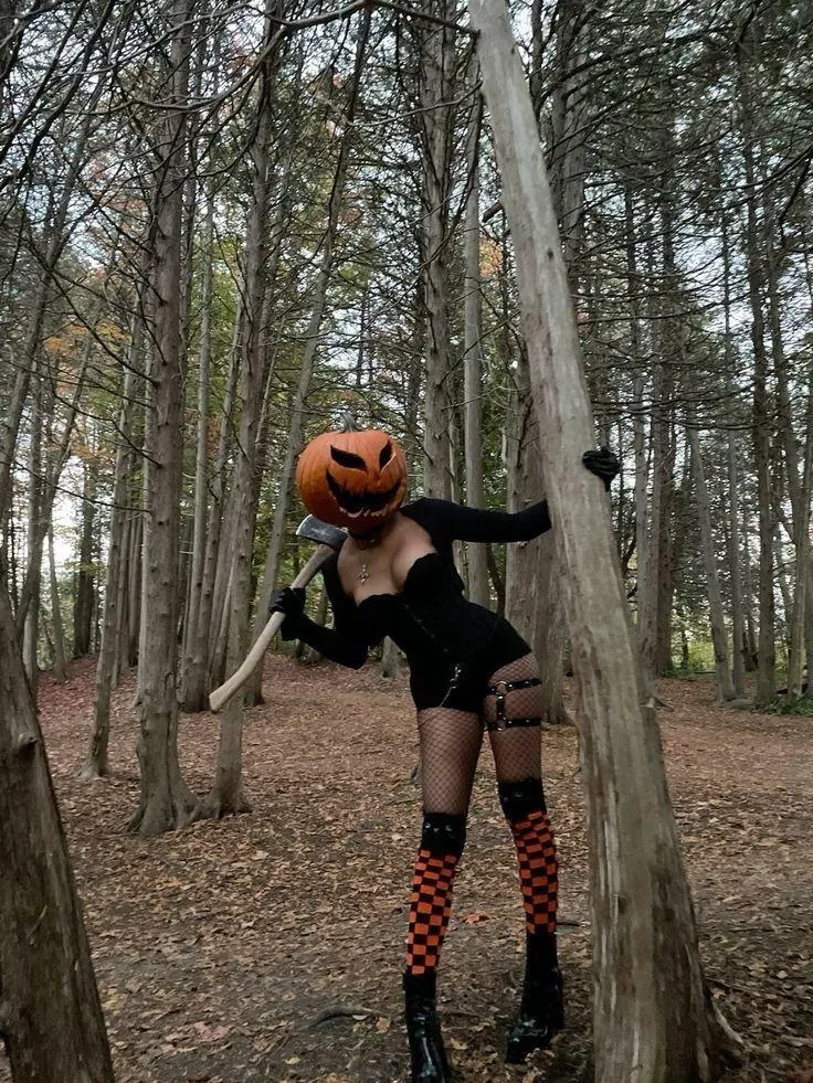 Creative Halloween Costume Pumpkin Head and Fishnet Tights