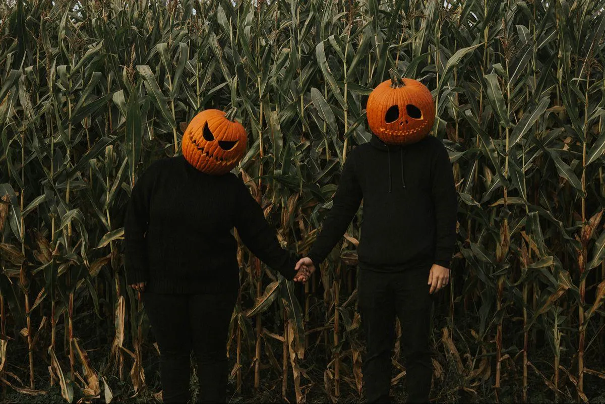 Creepy Pumpkin Head Figures in Cornfield at Dusk Wallpaper