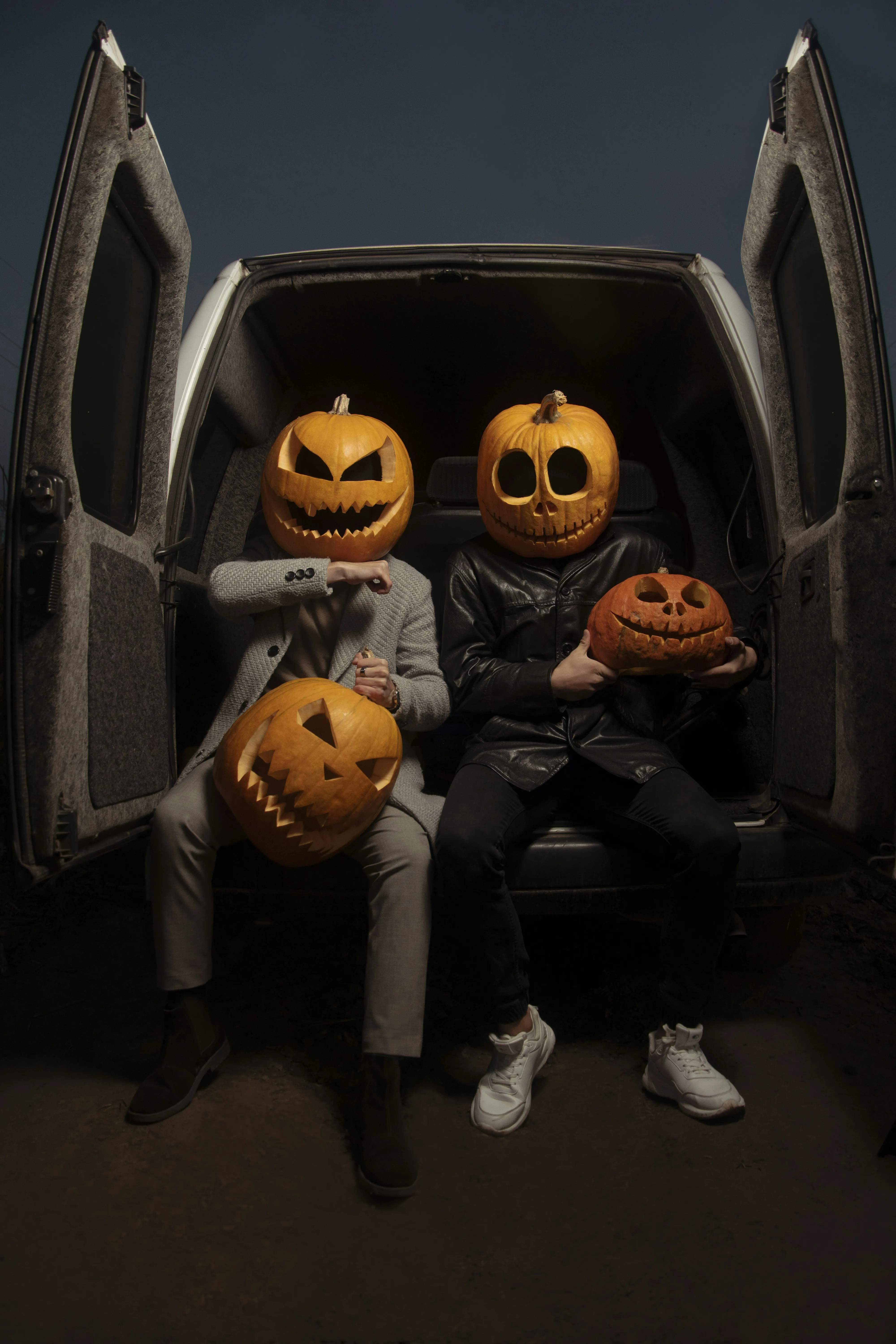 Creepy Pumpkin Heads in Car a Dark Halloween Scene HD