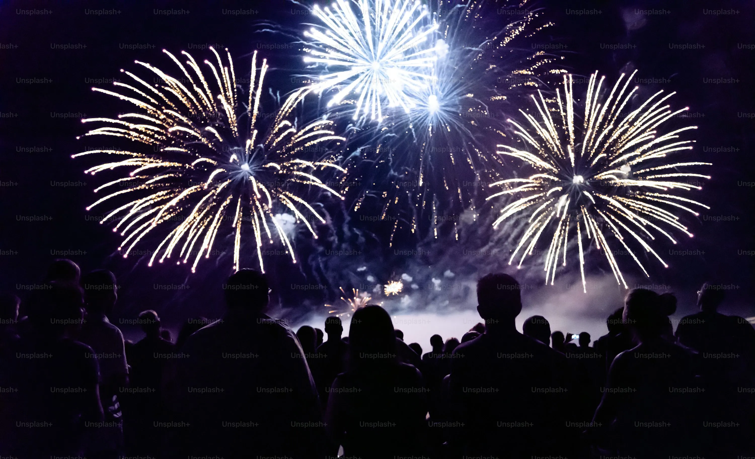 Crowd enjoying a fireworks display with vibrant bursts