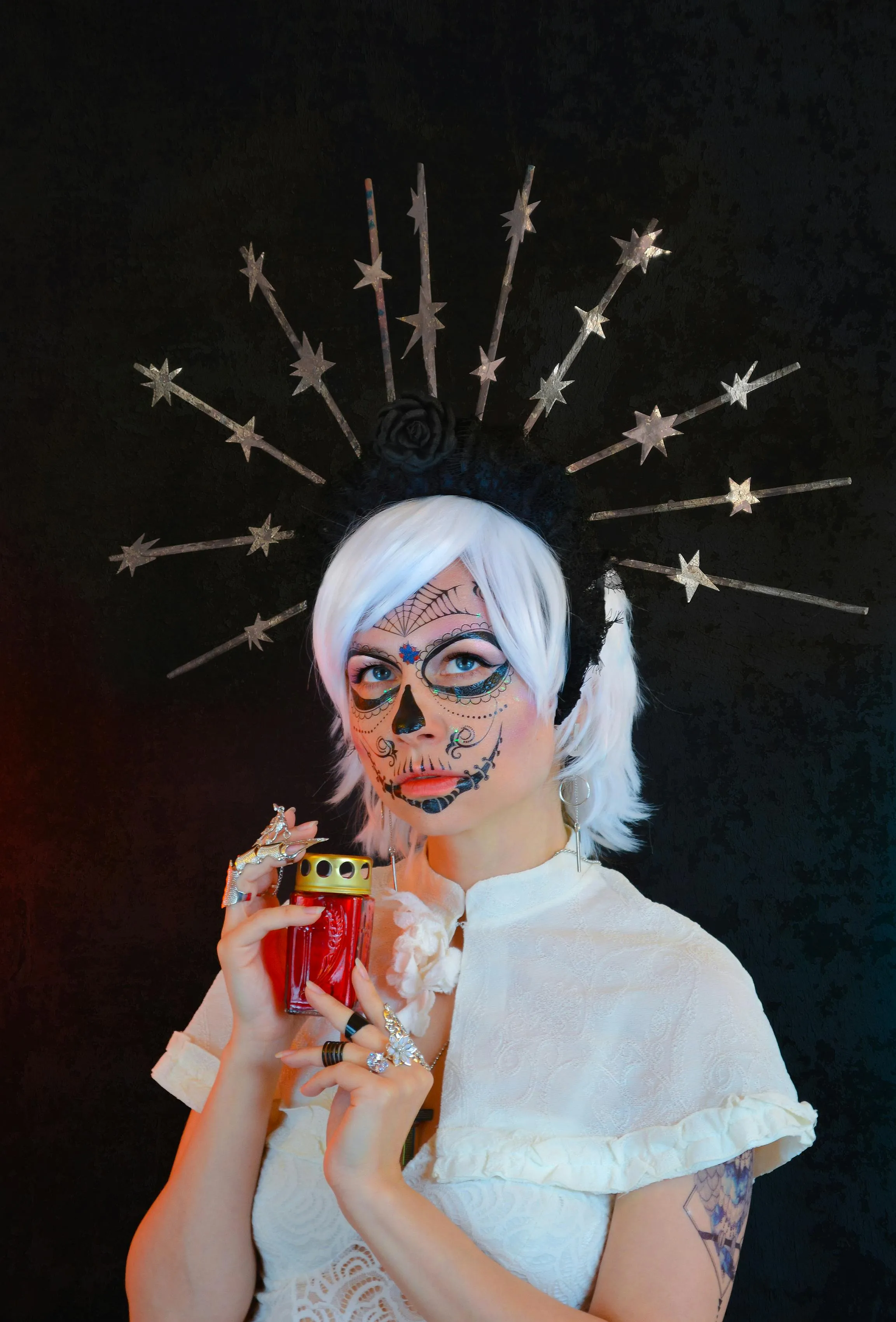 Day of Death Costume with White Lace and Halo Crown