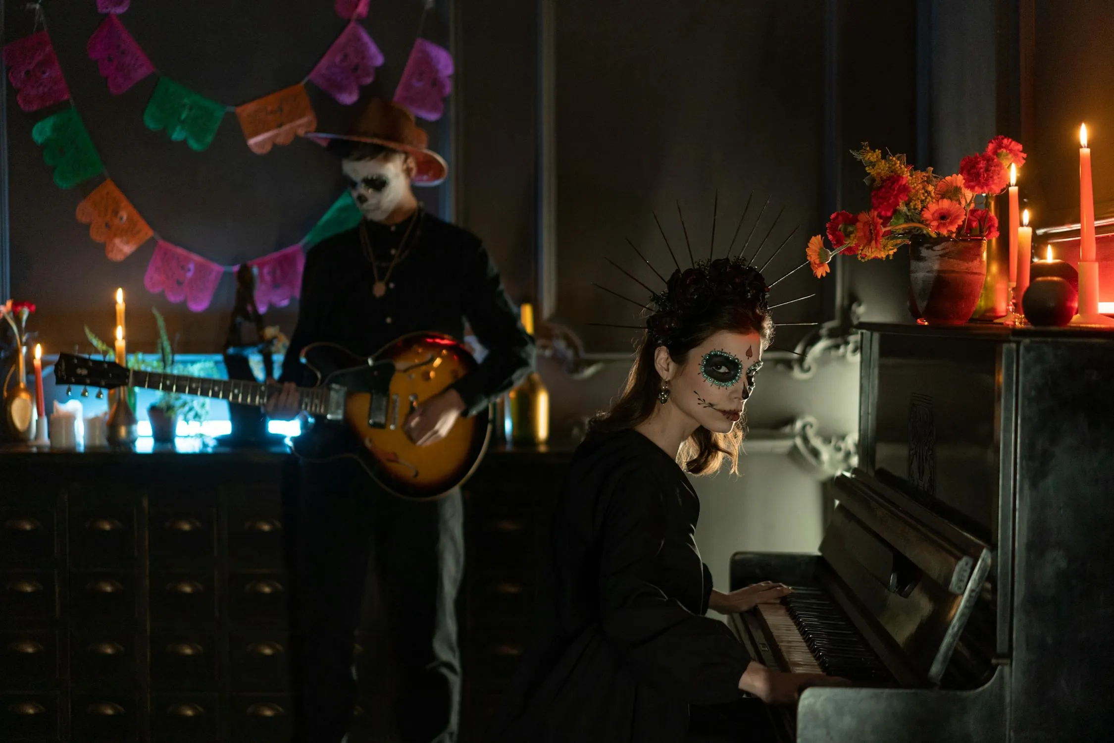 Day of the Dead Inspired Scene with Guitar and Piano Wallpaper