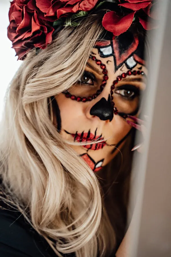 Day of the Dead Makeup and Red Flower Crown Close Up