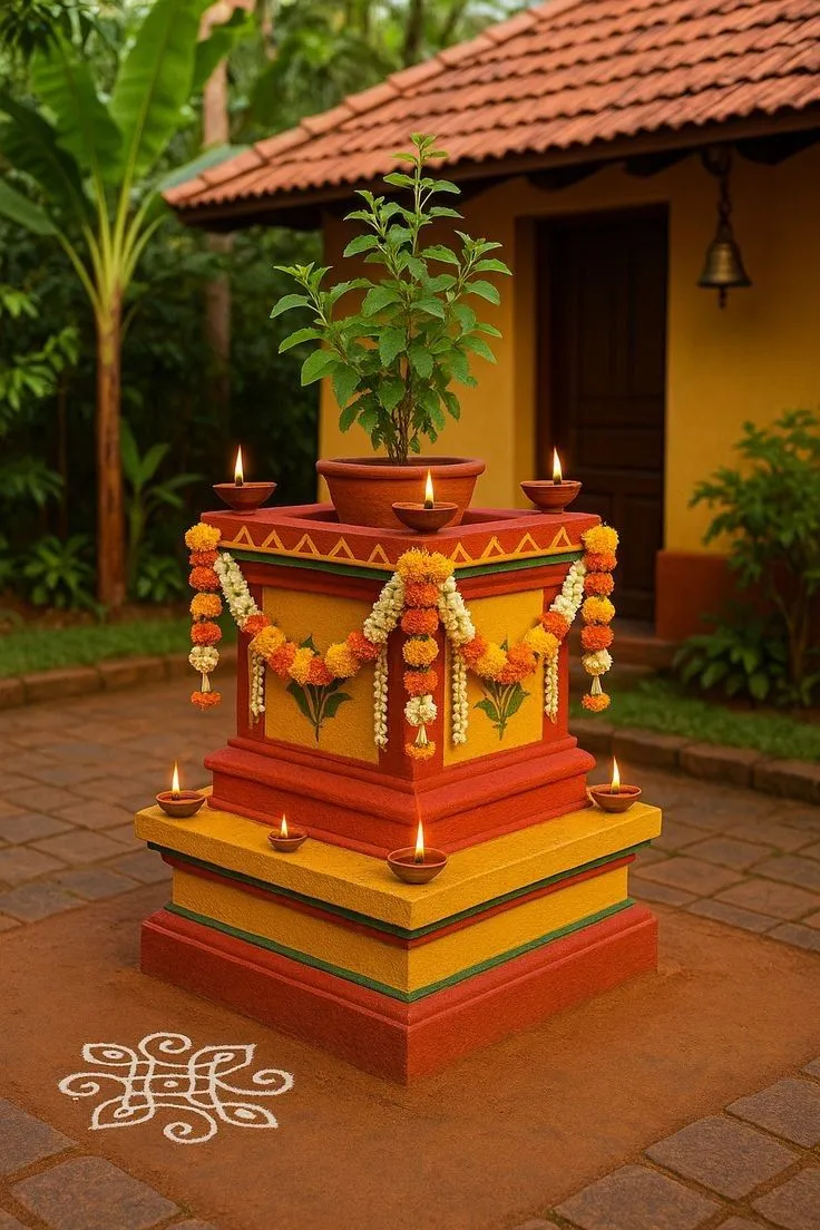 Decorated Tulsi Madam with lamps and flowers HD wallpaper