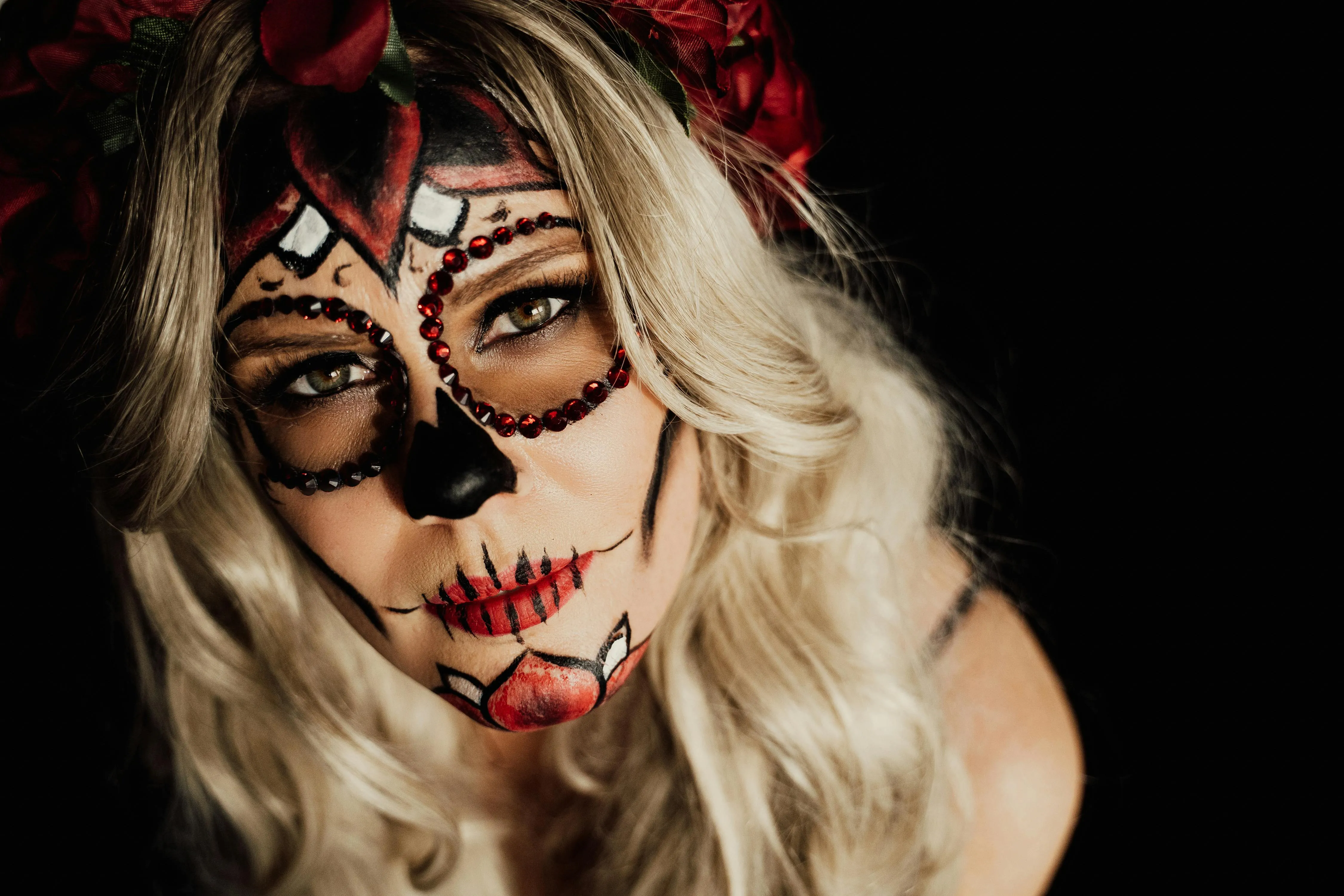 Detailed Sugar Skull Makeup Close Up of Blonde Women