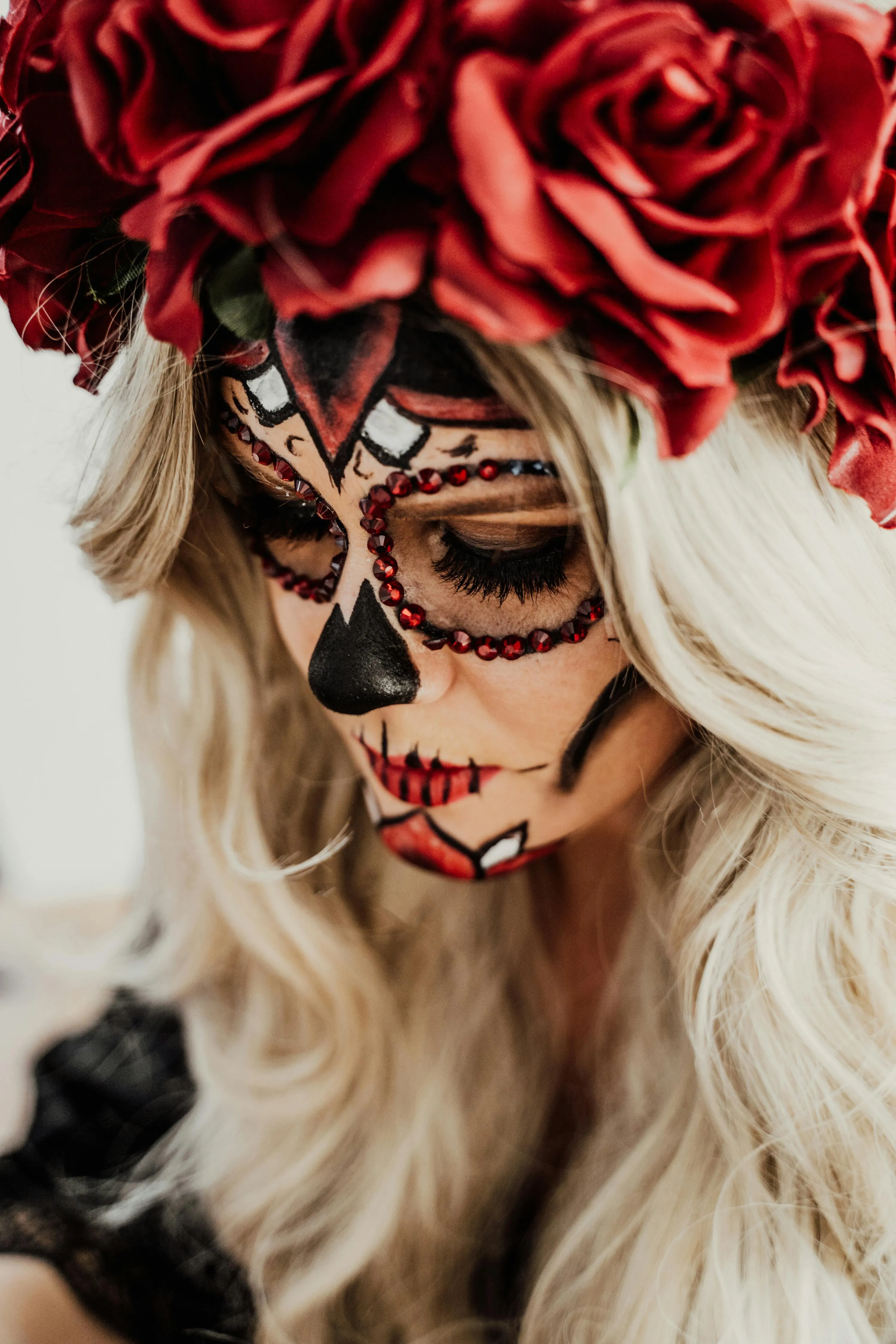 Detailed Sugar Skull Makeup with Red Roses HD Wallpaper