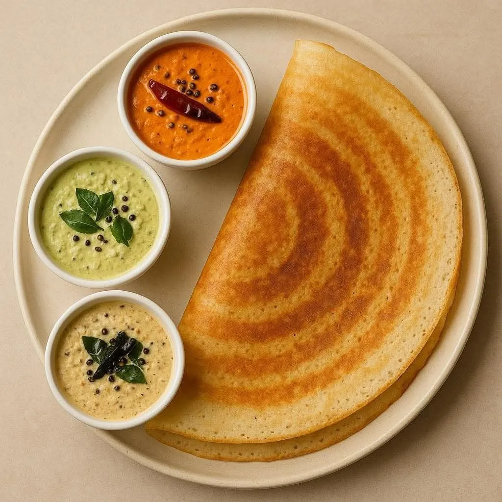 Dosa with a variety of chutney in this image on the poster