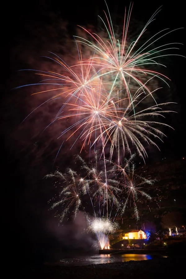 Dramatic Fireworks Illuminating the Dark Sky over a City