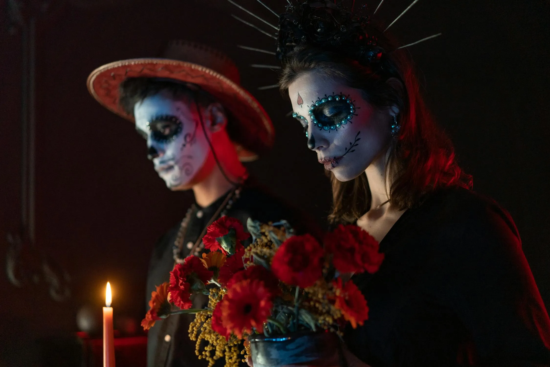 Dramatic Portrait of Halloween Inspired Couple with Flowers