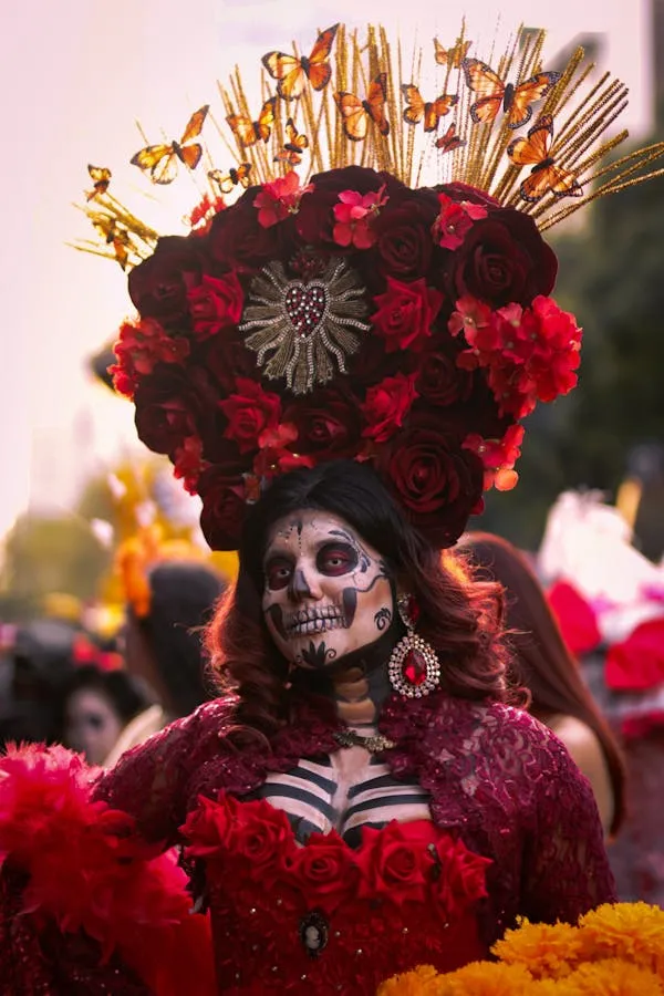 Elaborate Sugar Skull Makeup with Flower Crown at Sunset