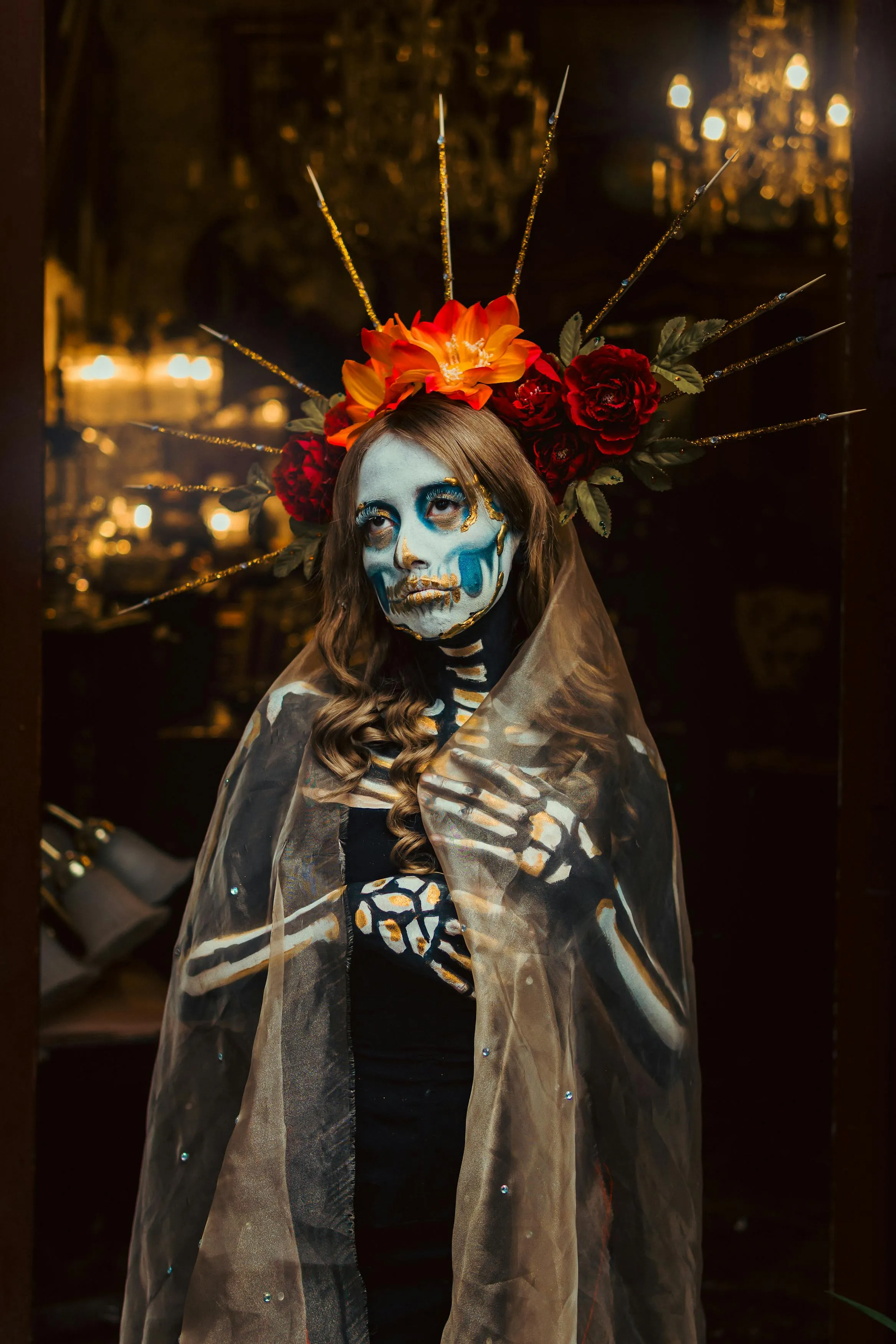 Elegant Calavera Makeup with Golden Crown with flowers