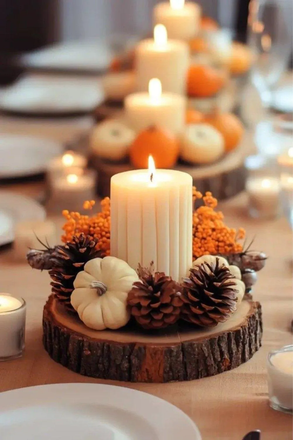 Elegant Candle Arrangement with Pinecones and Pumpkins