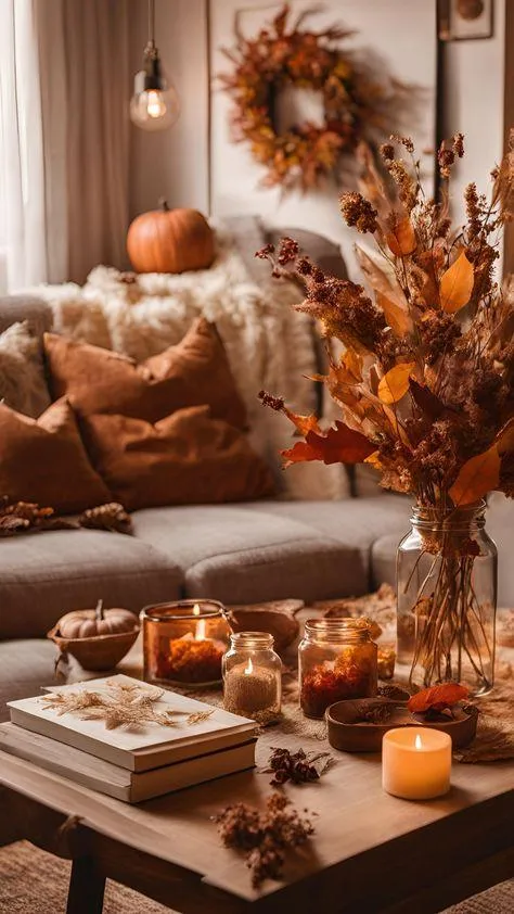 Elegant Fall Living Room Decor with Pumpkins and Warm Lighting