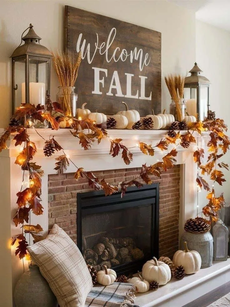 Elegant Fall Mantel with Pumpkin and Welcome Fall Sign
