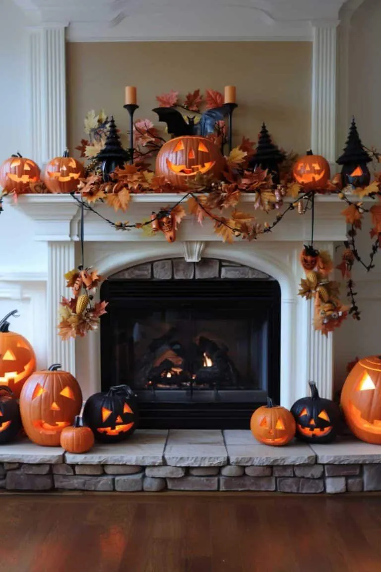 Elegant Fireplace Decorated with Halloween Pumpkins Image